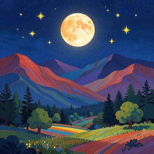 Vibrant Night Sky with Glowing Moon