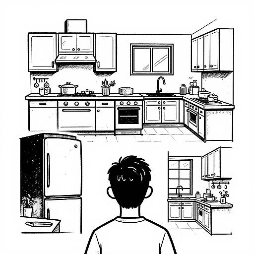 Black and white line drawing of a man from behind, viewing a detailed, multi-sectional kitchen layout above him.