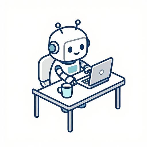 Cute cartoon robot with antenna ears, sitting at a table, using a laptop, with a cup in front. Digital drawing in simple, blue and