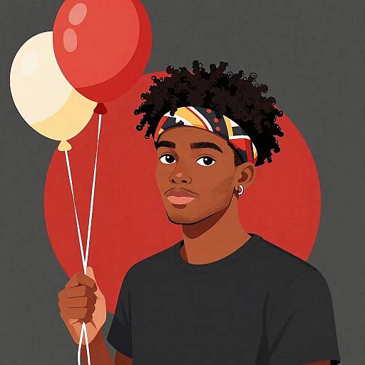 Digital illustration of a young Black man with curly hair, dark skin, holding red and white balloons, wearing a black shirt and colorful headband, against