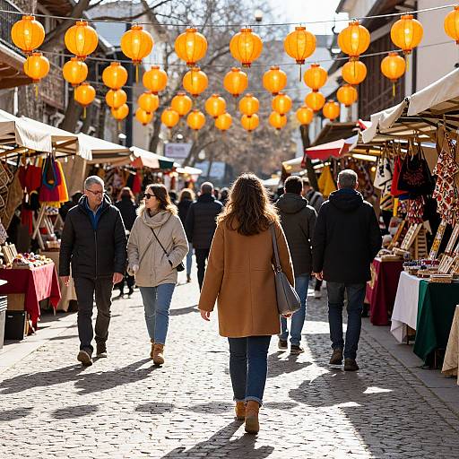 Photograph of a bustling outdoor market with vibrant orange paper lanterns, cobblestone path, shoppers in winter clothing, and stalls selling colorful goods.