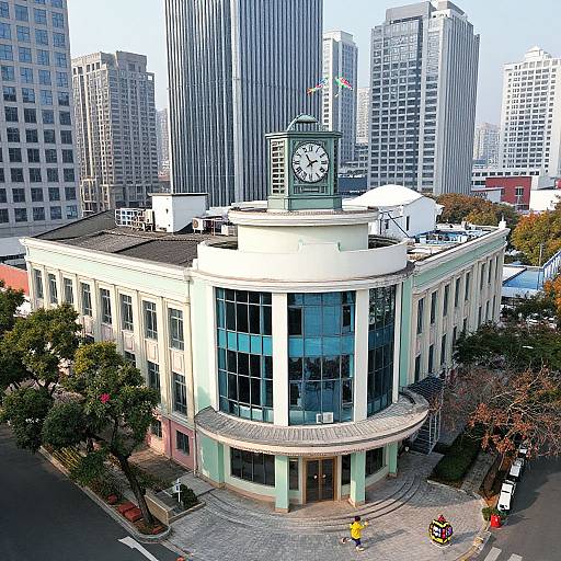 Photograph of a modern, white, curved-corner building with a clock tower, surrounded by tall skyscrapers, trees, and city streets.