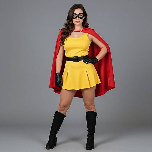 Photograph of a woman in a yellow dress, red cape, black gloves, mask, and boots, standing confidently against a gray background.