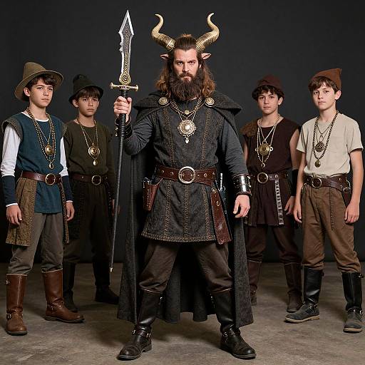 Photograph of five young men in medieval Viking attire; central figure with horns, beard, black cloak, and sword, flanked by four others in