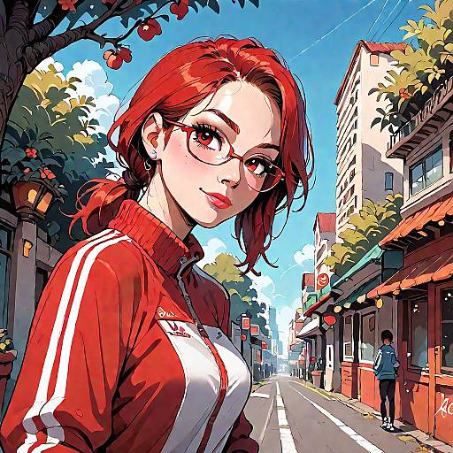 Smiling Anime Girl in Red Tracksuit