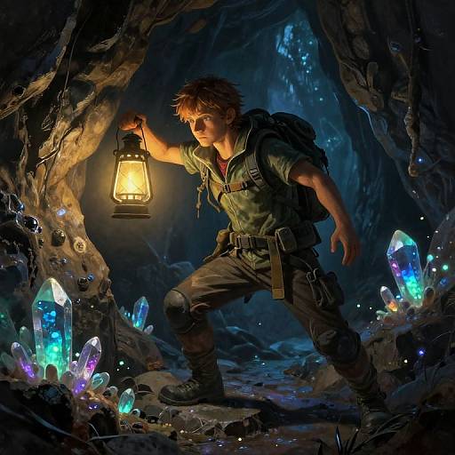Digital fantasy artwork of a rugged, brown-haired adventurer in green attire, holding a glowing lantern, surrounded by radiant, colorful crystals in a dark, cavern