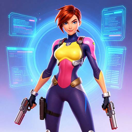 Digital illustration of a confident, red-haired woman in a form-fitting, yellow and pink bodysuit, holding dual pistols, surrounded by glowing blue
