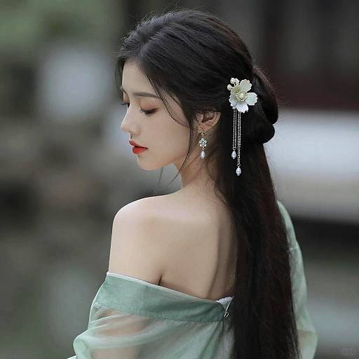 Photograph of an East Asian woman with long black hair, wearing a green off-shoulder top, butterfly hairpin, and dangling earrings, g