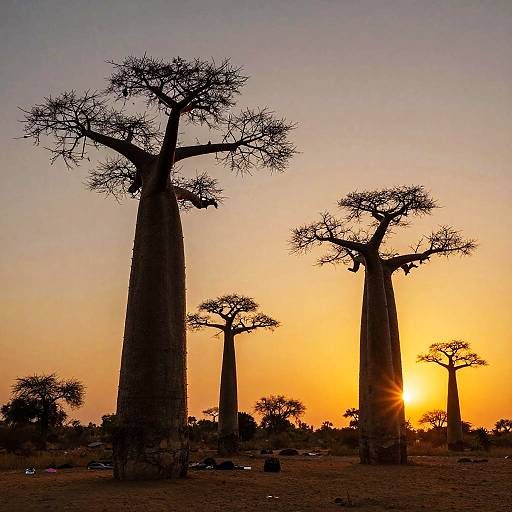 Photograph of towering baobab trees silhouetted against a vibrant orange and yellow sunset, with the sun partially visible behind the rightmost tree