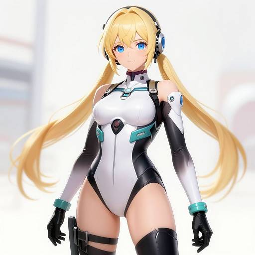 Digital anime-style drawing of a blonde, blue-eyed female character with long hair, wearing a white and black futuristic bodysuit, black gloves, thigh