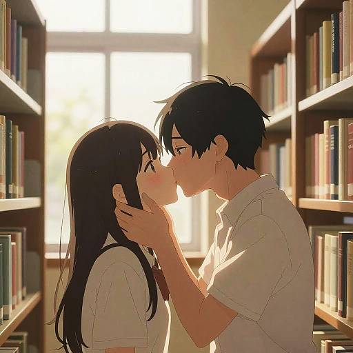 Anime Couple Kissing in Library