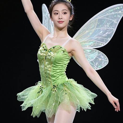 Photograph of an Asian ballerina in a green fairy costume with sparkling wings, arm raised gracefully, against a black background.