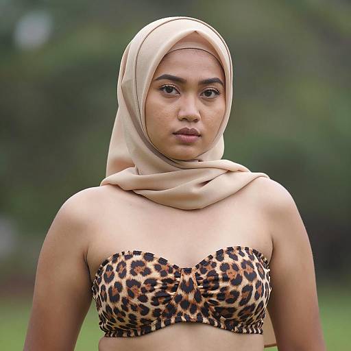Asian Woman Wearing Tan Hijab and Leopard Print Top