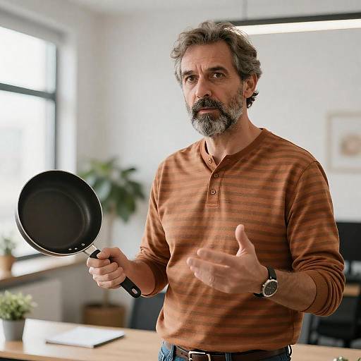Man Holding Frying Pan in Modern Office