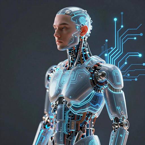 CGI image of a futuristic, glowing, robotic human male with blue circuitry patterns on a dark, tech-themed background.