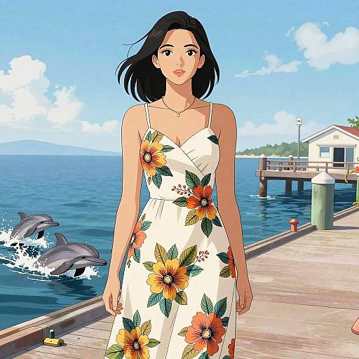 Woman in Floral Dress on Pier with Dolphins