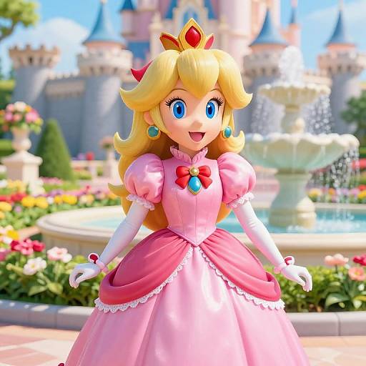 Digital CGI of Princess Peach from Mario series, smiling, in pink dress with white gloves, blue earrings, red bow, and golden crown, in a