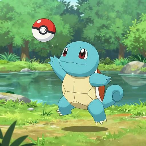 Digital anime-style drawing of blue, turtle-like Pokémon Squirtle with red eyes, jumping to catch a Poké Ball near a forest pond.