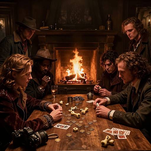 Photograph of six people in Victorian attire playing poker around a wooden table by a roaring fireplace, with cards, coins, and poker chips scattered. Warm