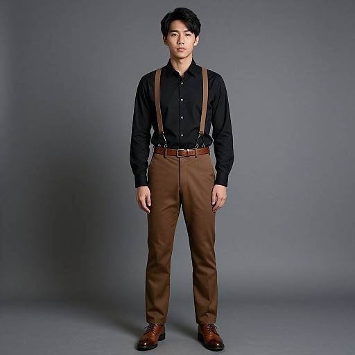 Photograph of an Asian man with short black hair, wearing a black button-up shirt, brown suspenders, and brown pants with a brown belt and