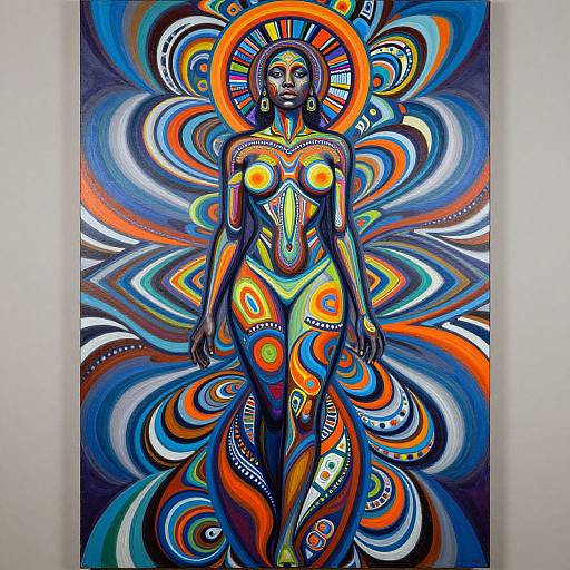 Vibrant, psychedelic painting of a nude, dark-skinned woman with glowing orange and yellow accents, surrounded by swirling, colorful patterns.