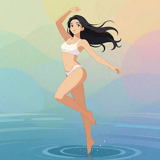 Digital anime-style illustration of a black-haired woman in white bikini, mid-jump in water with a colorful gradient background.