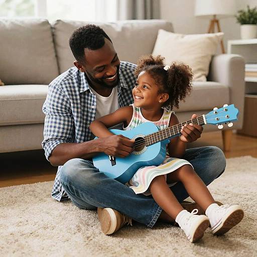 Father and Daughter Playing Guitar at Home