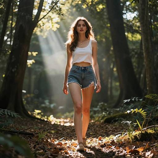Photograph of a young woman with long brown hair, wearing a white crop top and frayed denim shorts, walking through a sunlit forest with sunlight