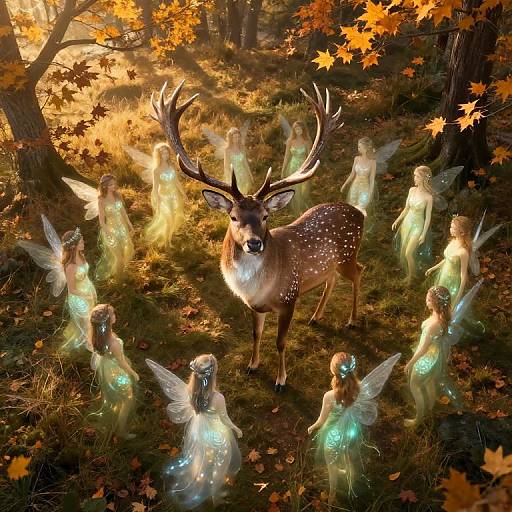 Digital artwork: A majestic deer with large antlers stands centered in a forest, surrounded by glowing, fairy-like winged women with translucent bodies and autumn