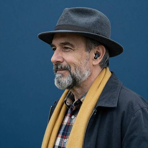 Middle-aged Man with Gray Beard Wearing Hat and Scarf