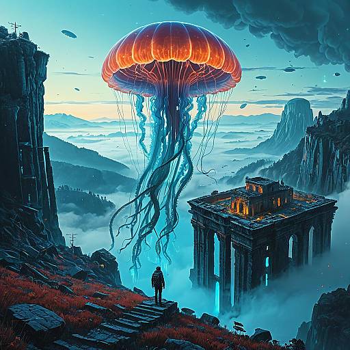 Giant Bioluminescent Jellyfish Over Mountain Ruins