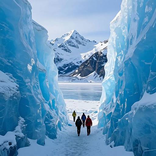 Photograph of five people walking through a narrow icy blue glacier tunnel, leading to snow-covered mountain peaks and a frozen lake.