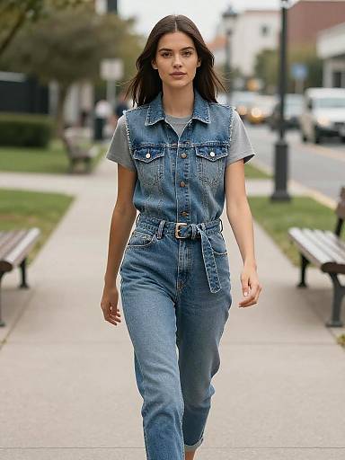 Confident Young Woman in Denim Walk