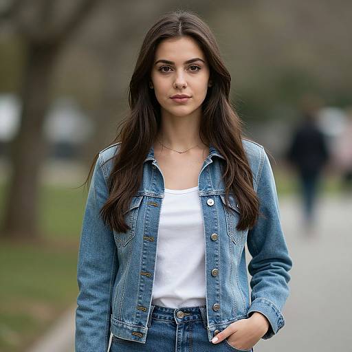 Photograph of a young woman with long brown hair, wearing a denim jacket over a white tank top, standing on a blurred park pathway with trees and
