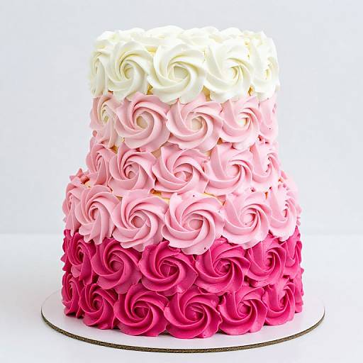 Photograph of a three-tiered cake, each tier adorned with intricate rosettes in gradient colors: white, pink, and deep pink.