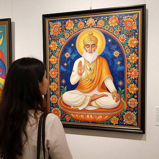 Photograph of a woman with long black hair, wearing a white shirt, gazing at a colorful, framed painting of a seated, bearded deity