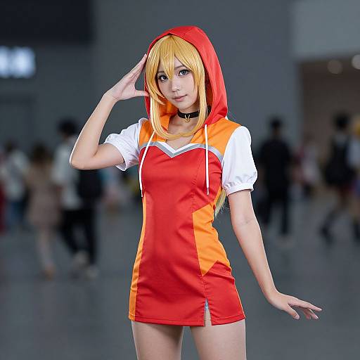 Photograph of a young woman cosplaying as a character with blonde hair, red hooded dress, white shirt, saluting, blurred background, indoor