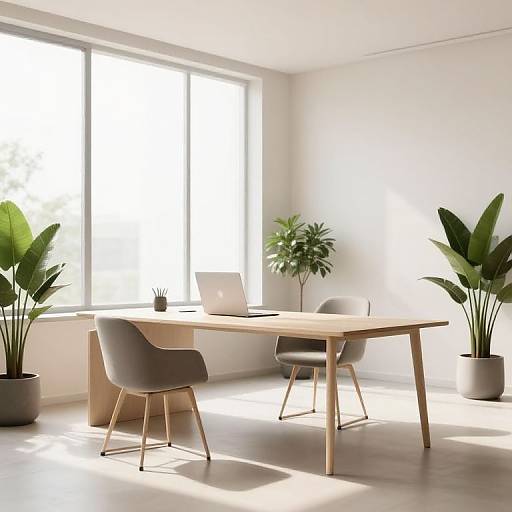 Bright modern office with a light wooden table, two gray chairs, large windows, and two green potted plants. Sunlight floods the room. Laptop