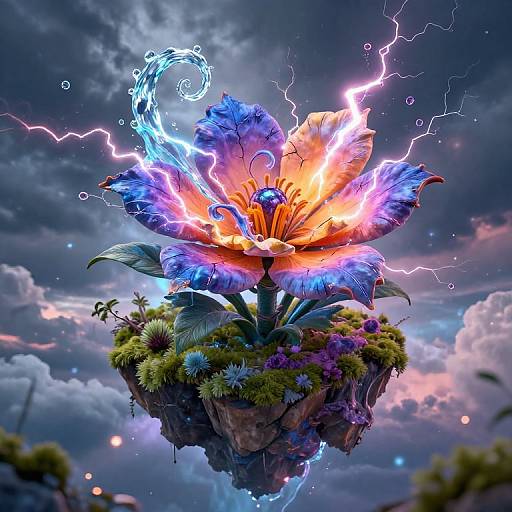 Digital art of a vibrant, electrically charged flower with blue and orange petals, floating on a rock with moss and flowers, against a stormy,