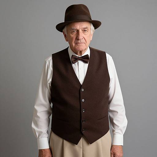 Photograph of an elderly white man with gray hair, wearing a black vest, white shirt, black bow tie, beige pants, and black bowler