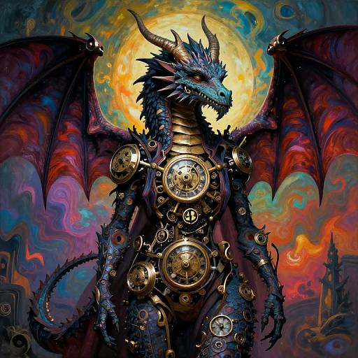 Digital painting of a blue-scaled, mechanical dragon with golden gears and red wings, set against a vibrant, swirling, fiery sunset sky.