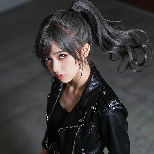 Portrait of Young Woman in Black Leather Jacket