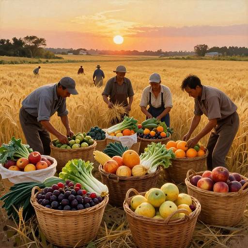 Photograph of four farmers at sunset in a golden wheat field, organizing baskets of vibrant vegetables, fruits, and grains.
