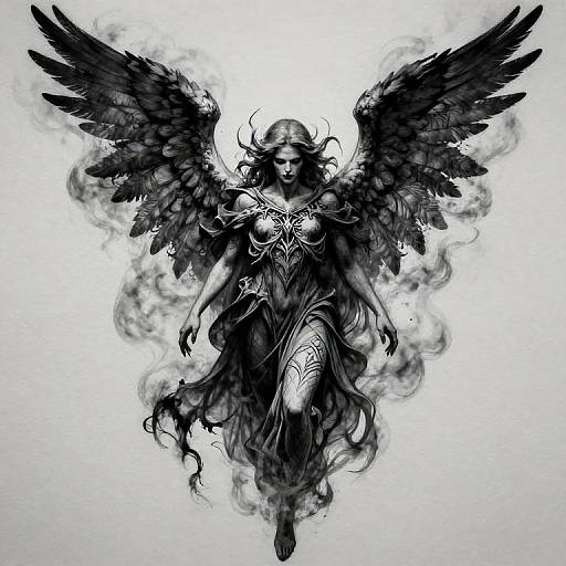 Monochrome digital drawing of a dark angel with large black wings, flowing dress, and smoke surrounding her, standing centrally.