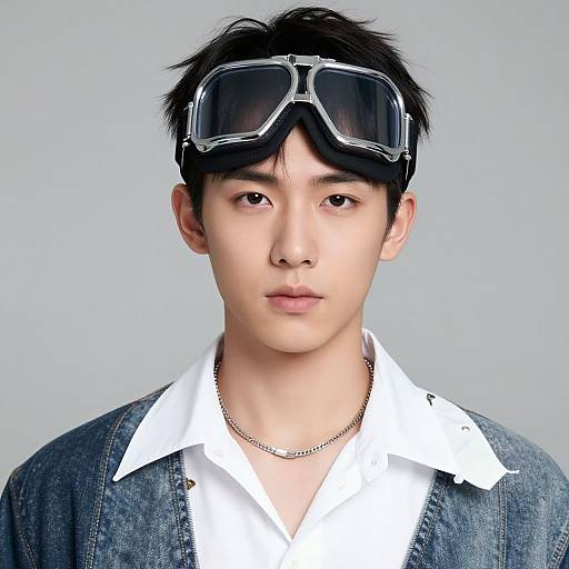 Photograph of an Asian man with black hair, wearing aviator goggles, a white shirt, denim jacket, and silver chain, against a plain light