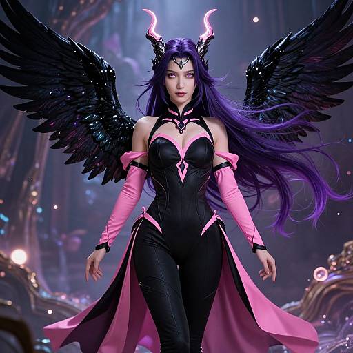 Fantasy Woman with Black Wings and Purple Hair