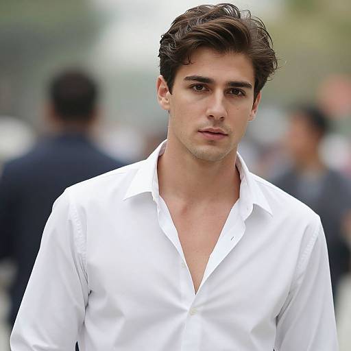 Photograph of a handsome young man with dark, wavy hair, wearing a crisp white button-up shirt, standing in a blurred outdoor crowd.