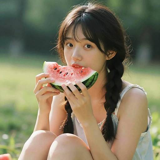 Photograph of an Asian woman with long black braids, eating a slice of watermelon outdoors, wearing a white tank top, sunlight filtering through trees