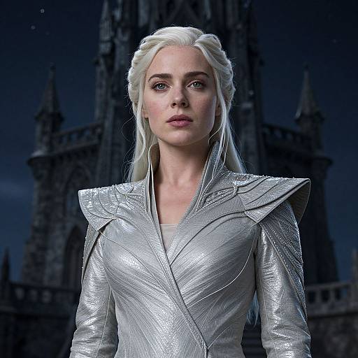 Photorealistic CGI of a fair-skinned, blonde woman with braided hair, wearing a silver, metallic, long-sleeved dress with shoulder