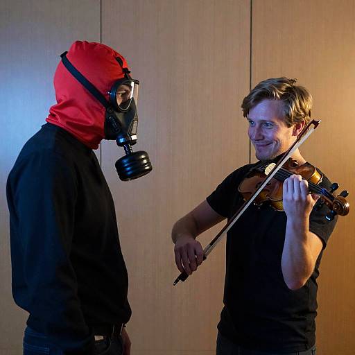 Masked Figure Meets Violinist in Contrast
